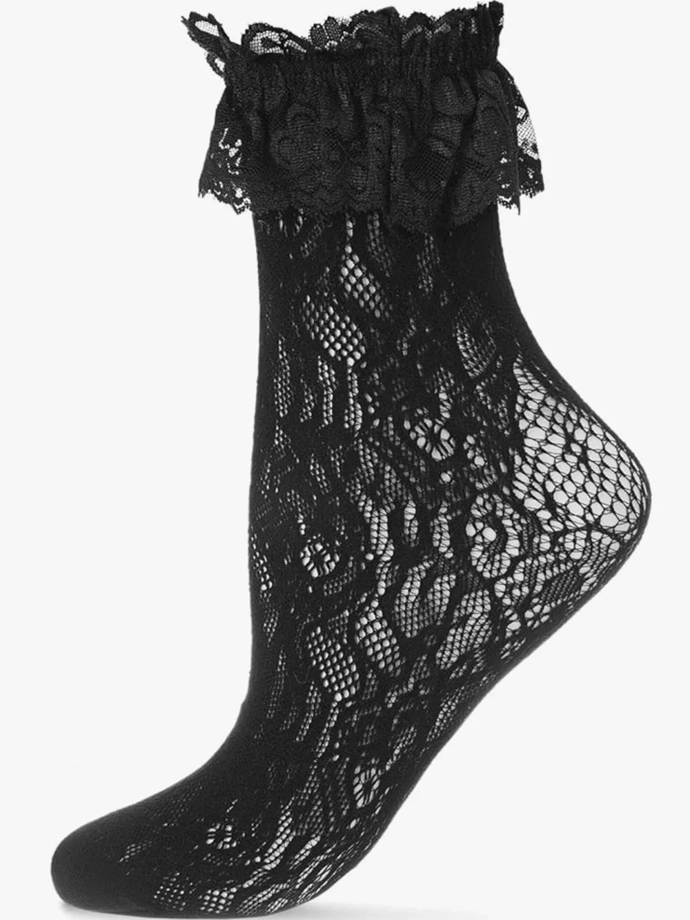 MEMOI WOMENS LACE RUFFLE TOP SOCKS BLACK OS NWT